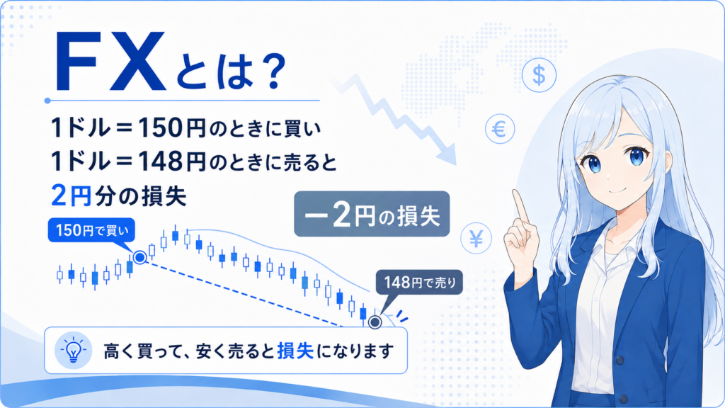 1ドル＝150円のときに買い、1ドル＝148のときに売ると、2円分の損失がでることを説明した画像。