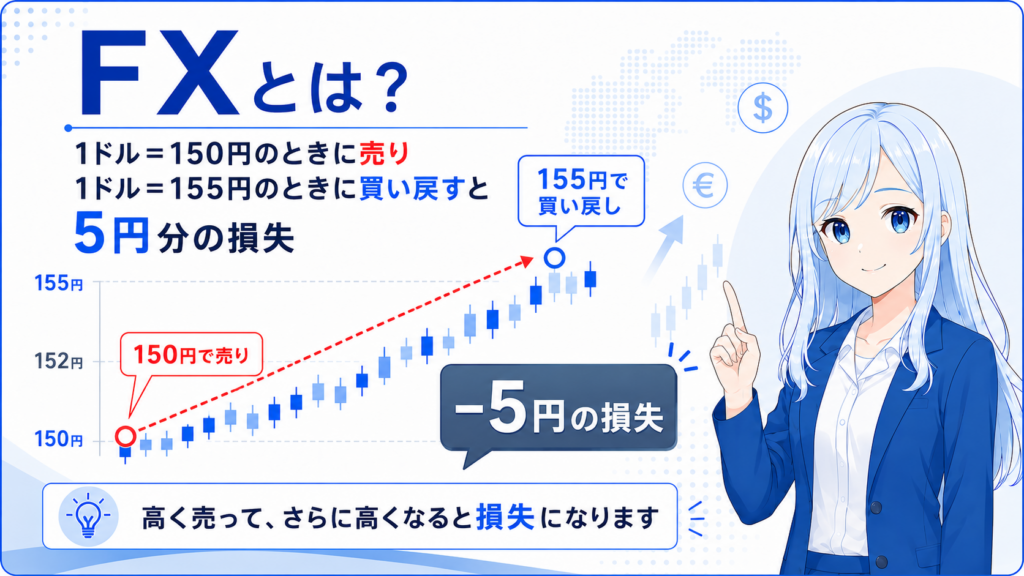 1ドル＝1501円のときに売り、1ドル＝155円のときに買い戻すと、5円分の損失になることを説明した画像。