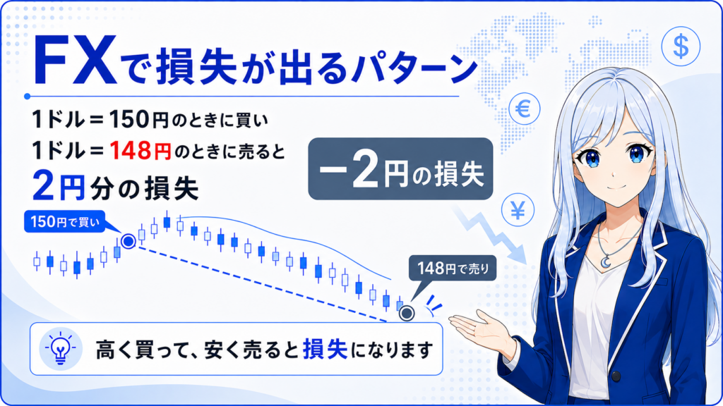 FXで損失が出るパターン。1ドル150円で買い、148円で売ると2円分の損失になる例