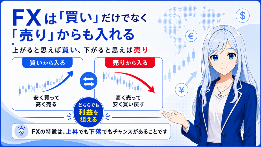 FXは「買い」だけでなく「売り」からも入れることができ、上昇でも下落でも利益を狙える仕組みを示した図