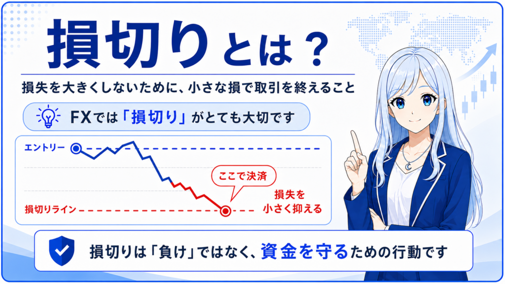 FXの損切りの仕組み。エントリー後に価格が下落し、損切りラインで決済して損失を小さく抑える例