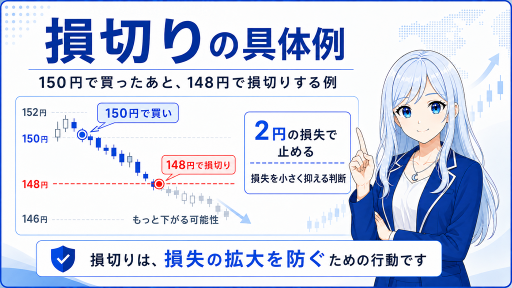 FXの損切りの具体例。150円で買い、148円で損切りして損失を小さく抑える図